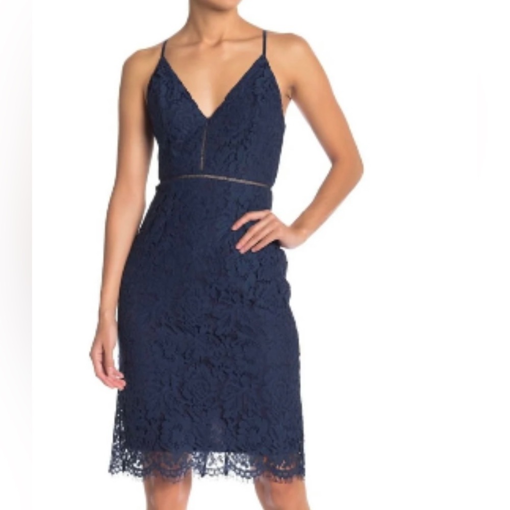 ASTR The Label V Neck Lace Sheath Dress Navy